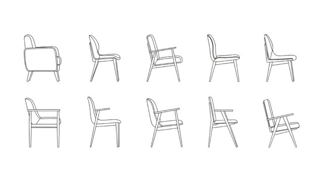 Multiple 2D AutoCAD chair designs in various angles and positions