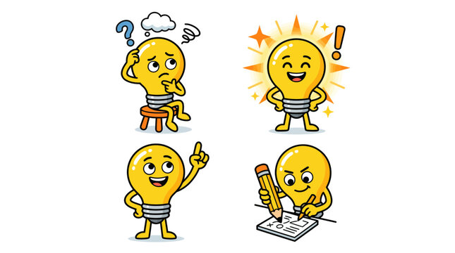 Light bulb mascot vector set of 4 designs for idea and creativity