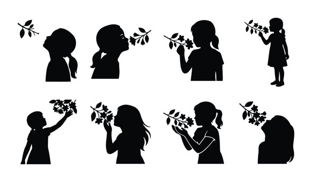 Children Silhouette Collection, Nature Exploration, Botanical Discovery, Childhood Innocence, Organic Connection, Vector Art