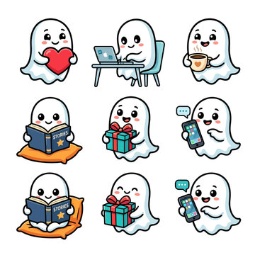 Cute Ghost Illustration Mascot Vector Set of 6 Designs