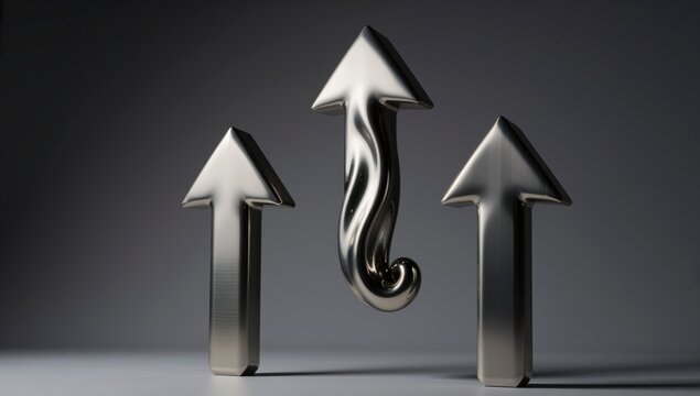 Reflective metallic arrows pointing upwards with central twisted arrow symbolizing unique growth and competitive advantage in business