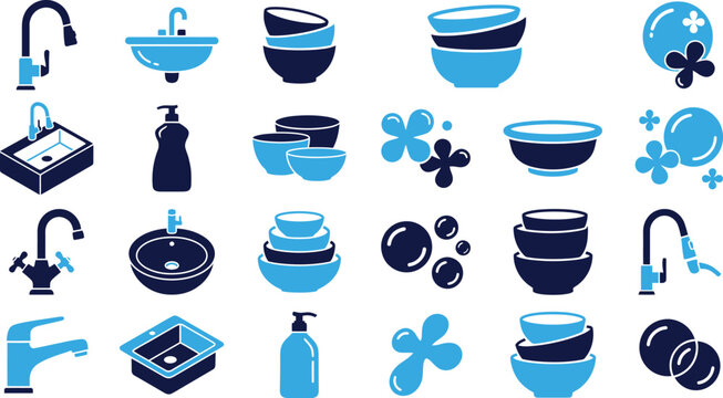 Sink faucet icons set vector kitchen and bathroom plumbing fixtures collection for home and interior design.