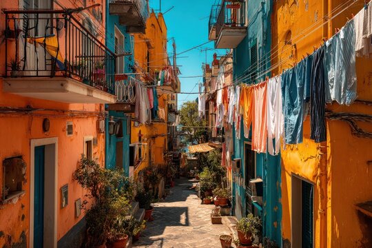 Vibrant Colorful Alleyway with Hanging Laundry