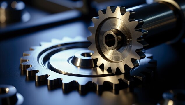 Precision engineered steel mechanical gears interlocking to drive complex industrial machinery and manufacturing operations