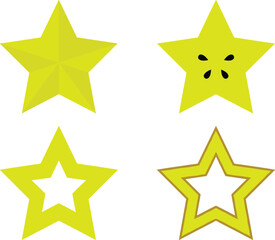 Obraz premium Star Fruit Icon Set Featuring Geometric Star Shapes, Slice with Seeds, Outline Variations, and Minimal Flat Design for Tropical Food Graphics