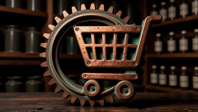 Steampunk copper gear with shopping cart icon and verdigris patina on wooden background