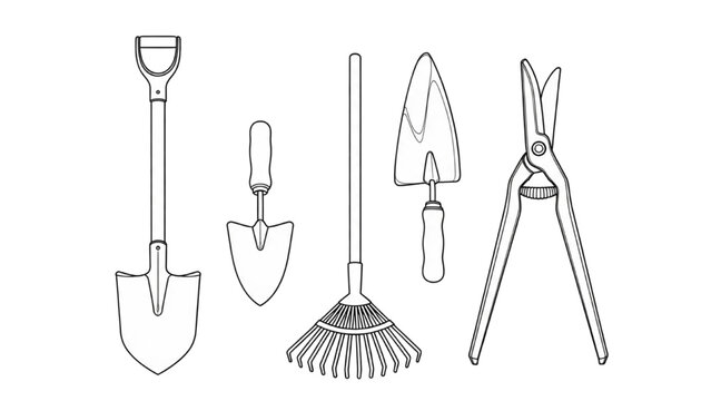 Gardening tools, including a shovel, pruners, and 2D AutoCAD designed rake and trowel on a lawn.