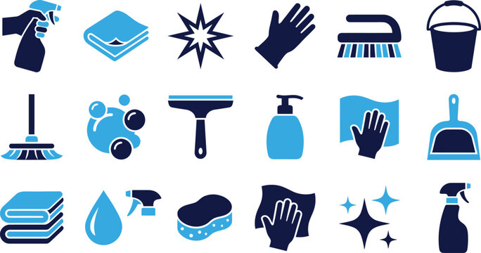 Collection of hygiene and cleaning supplies icons vector set on white background.