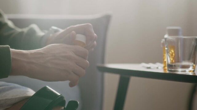 Close up of young adult Caucasian man resting on sofa, wincing in pain and taking pills, washing down with pure water