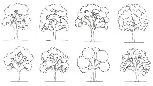 Various 2D AutoCAD tree designs showcased in a single illustration
