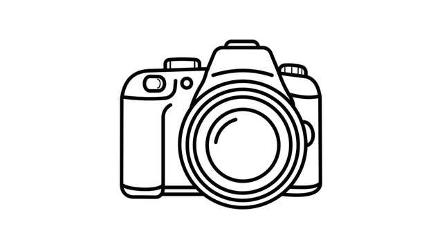 Minimalist DSLR Camera Black Line Vector Icon with Editable Stroke; Hand-Drawn Outline Illustration for Photography, Media, Technology, and Creative Design Projects; Scalable SVG Graphic.
