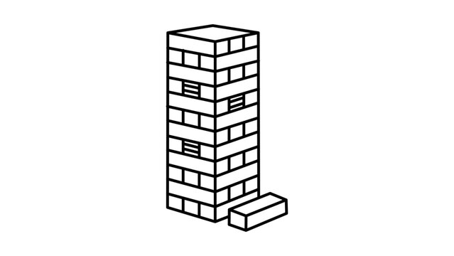Minimalist Jenga Tower Vector Icon with Editable Stroke. A clean black line illustration of a wooden block stacking game on white background, representing balance, strategy, and risk-taking.