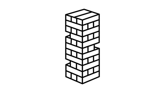 Minimalist Jenga Tower Vector Icon with Editable Stroke. Clean black line illustration of a tall wooden block game tower on white background, ideal for board game, strategy, and balance concepts.