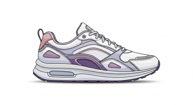 A colorful illustration of a sneaker in purple and white hues