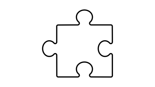Minimalist Jigsaw Puzzle Piece Black Line Vector Icon on White Background. Single interlocking piece for logic, connection, and problem solving. Features an editable stroke for easy customization.