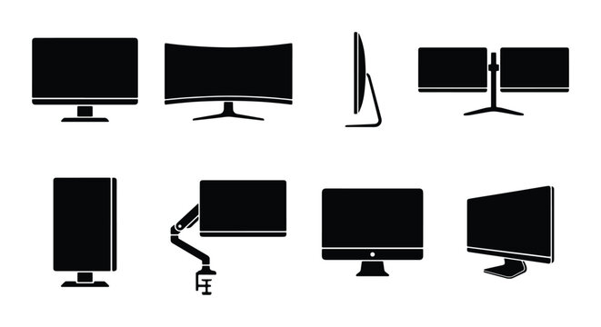 Modern Computer Monitor Set, Flat Screen Display Variations, Curved Ultrawide and Dual Screen Configurations, Digital Technology Icons