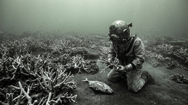 Vintage diver examines bleached coral with dead fish, ocean degradation.