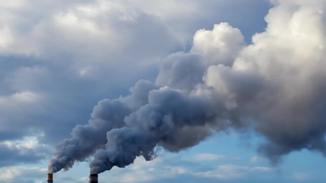 Smoke billowing from industrial chimneys against a cloudy sky