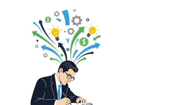 Businessman writing at desk with abstract colorful ideas, gears, and lightbulbs exploding upwards from his head in a bright, modern illustration.