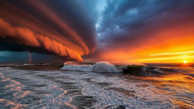 Ocean waves crashing at sunset beach.