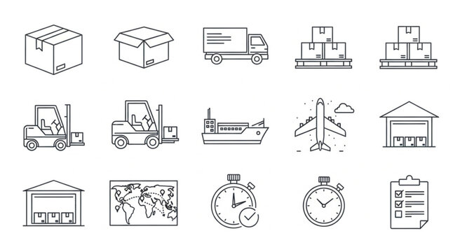 Logistics and transportation icons representing delivery and shipping processes worldwide.