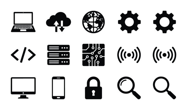 Technology Icons Set: Laptop, Cloud, Globe, Gears, Code, Servers, Circuit Board, Wi-Fi, Monitor, Smartphone, Lock, Magnifying Glass, Vector Graphics for Digital Concepts