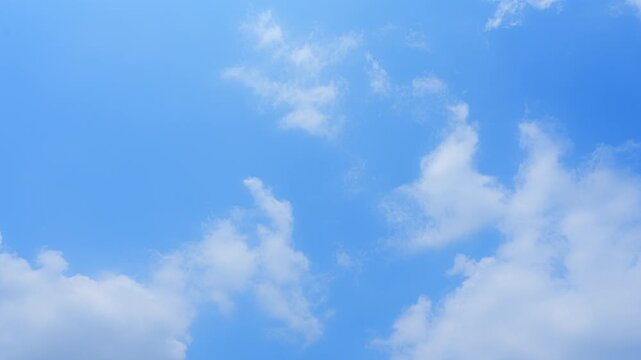 Timelapse footage of a clear blue sky with scattered clouds flowing gently, representing atmospheric motion, climate awareness, and a tranquil outdoor setting filled with openness and natural light.
