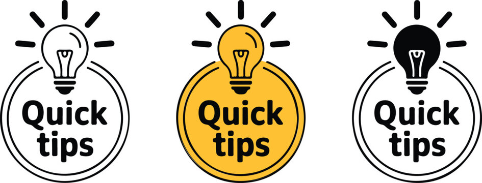 Quick tips badge set with glowing light bulb icon for helpful advice tutorial ideas and solution concept isolated on white background.