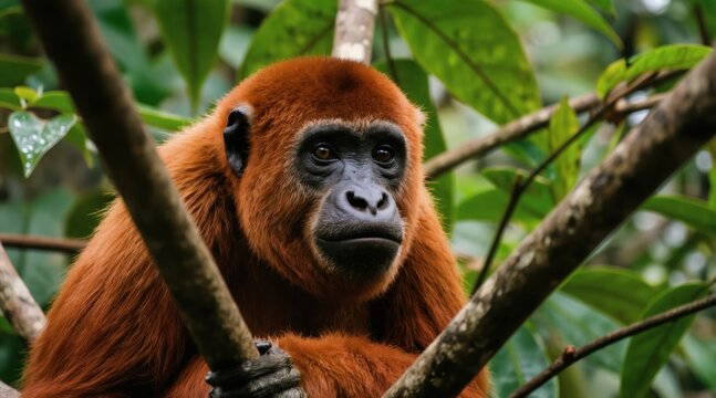 Red monkey rests on tree branch in lush green jungle. Primate looks intently forward, surrounded by thick leaves. Wildlife animal in natural habitat, rainforest environment, close up.