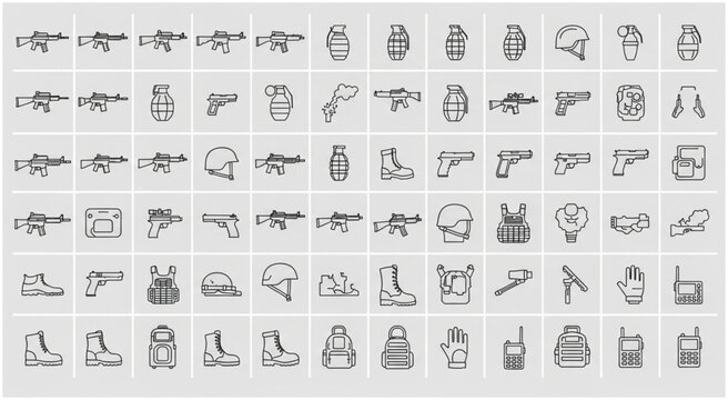 Collection of military and combat equipment icons, perfect for design needs.