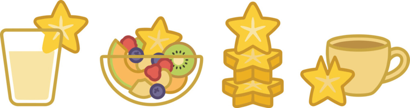 Star Fruit Food Vector Set Featuring Juice Glass, Fruit Bowl, Sliced Carambola Pieces, and Cup for Tropical Drinks, Desserts, and Cafe Menu Design