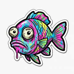 Fototapeta premium Colorful crazy doodle fish with stitched eyes, dripping paint and vibrant graffiti style, bold cartoon sticker illustration with urban pop art look