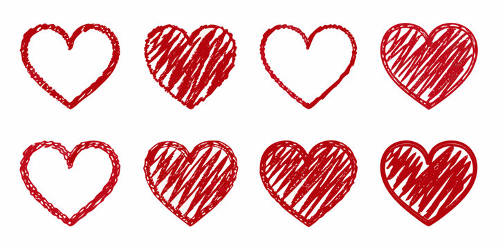 Collection of hand drawn red hearts with varying textures and styles