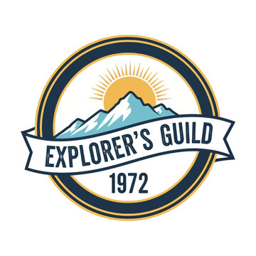 Explorers Guild vintage emblem with mountains and sun.