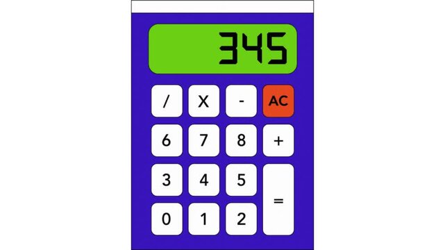 A basic digital calculator with a green display showing the number 345, and a keypad featuring arithmetic operations