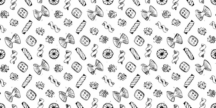 A whimsical hand drawn pattern of various pasta shapes in black and white