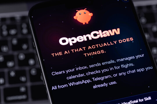 OpenClaw logo, website on a screen mobile smartphone iPhone. OpenClaw is an open-source autonomous AI agent. Batumi, Georgia - March 19, 2026