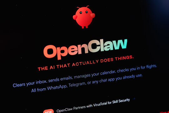 OpenClaw logo on a display notebook closeup. OpenClaw is an open-source autonomous AI agent. Batumi, Georgia - March 19, 2026