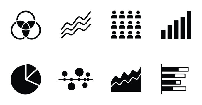 Business Analytics Icons Set, Data Visualization Symbols, Financial Charts & Graphs, Marketing Statistics, Venn Diagram, People Count, Vector Graphics