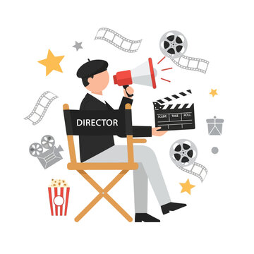 Movie Director Character with Megaphone and Clapperboard, Filmmaking Concept