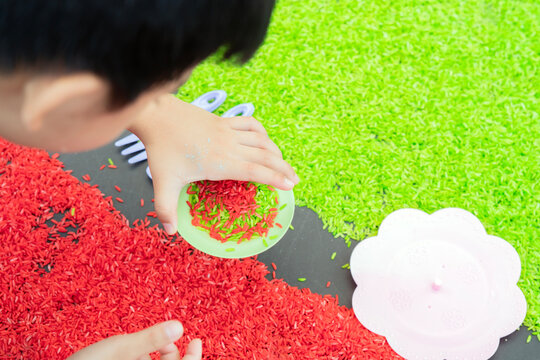 Rear view of Asian child hands playing with a brightly colored red and green dyed wheat seeds