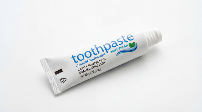 Mint fresh fluoride toothpaste tube on white background in bright studio lighting