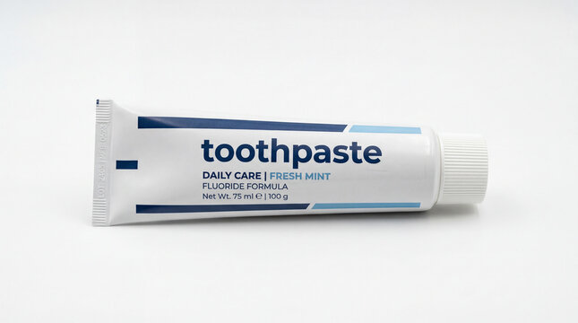 Mint flavored fluoride toothpaste tube on white background for dental hygiene concept