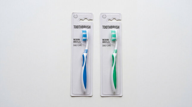 Two packaged medium bristle toothbrushes on white background under soft studio lighting