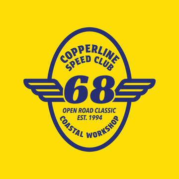 Vintage oval speed club badge with number 68, wings, bold typography. Est. 1994. Navy on yellow, vector.