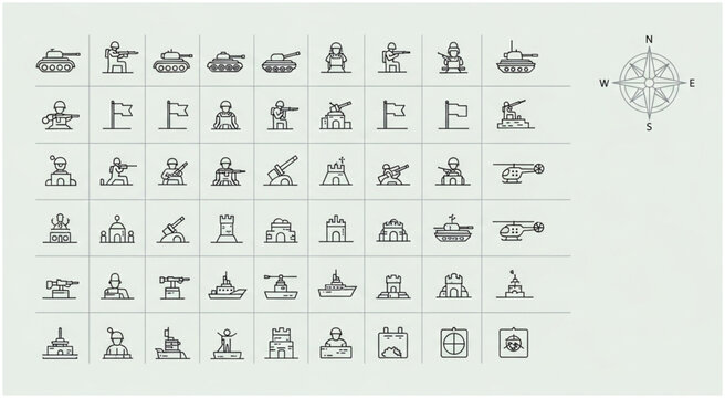 Collection of military icons representing various war machines and equipment for strategic planning.