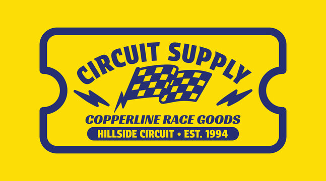 Vintage ticket-label racing badge with checkered flags, lightning bolts, bold slab serif. Est. 1994. Navy on yellow, vector.