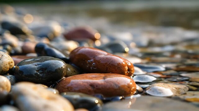 Wet stones and pebbles at the edge of tranquil water, close-up view.