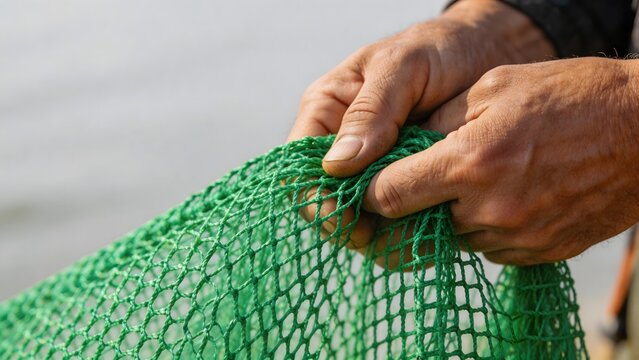 Hands holding green fishing net