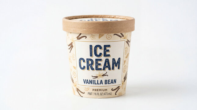 Vanilla bean ice cream pint container on white background in bright studio lighting